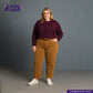 Woman wearing a maroon sweater and TANNED CORDUROY pants with 'Indigotailor' branding.