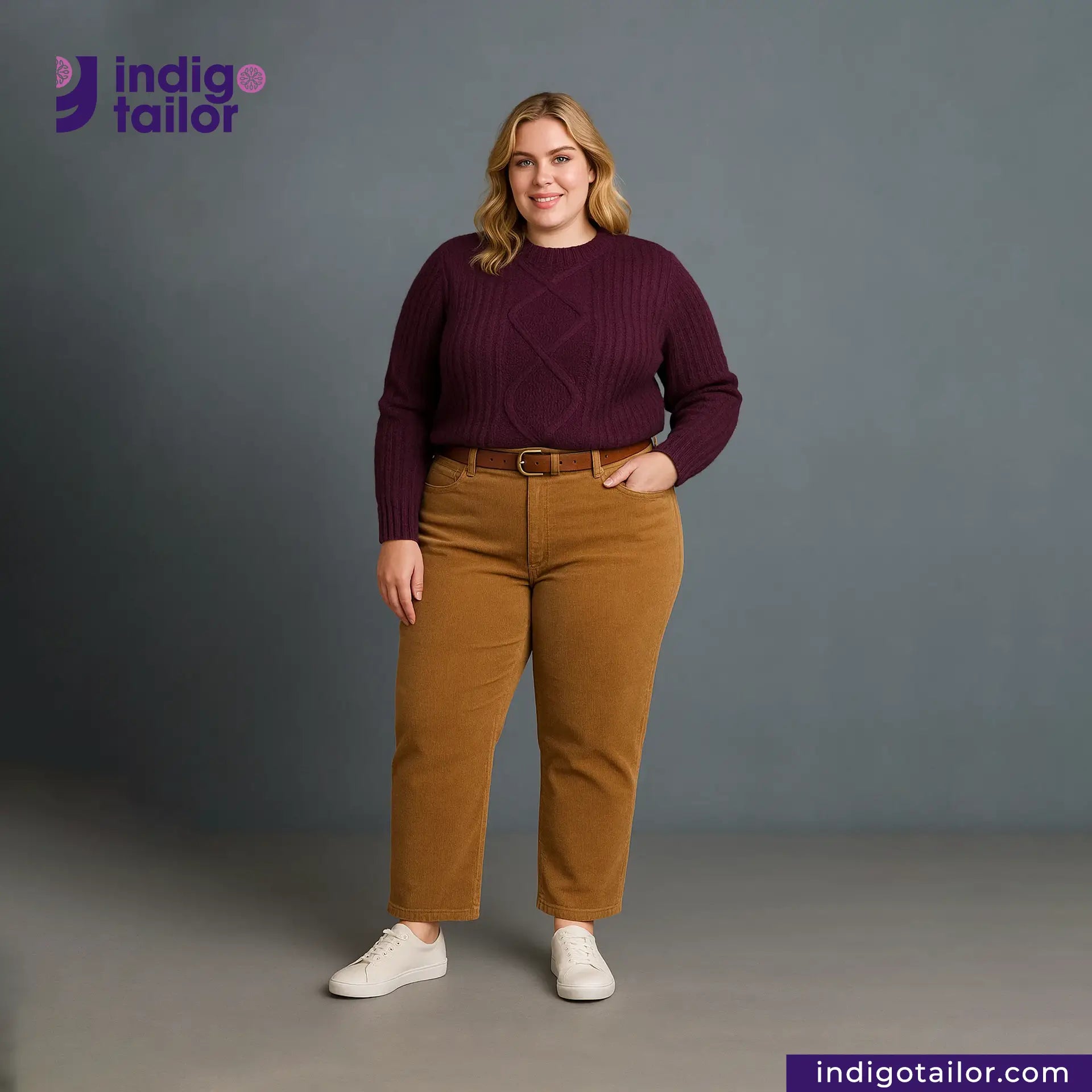 Woman wearing a maroon sweater and TANNED CORDUROY pants with 'Indigotailor' branding.