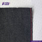 Close-up of TATE OCHI DOUBLE RING SPUN SELVEDGE DENIM fabric with a red stitch on a white background, featuring the Indigotailor logo.