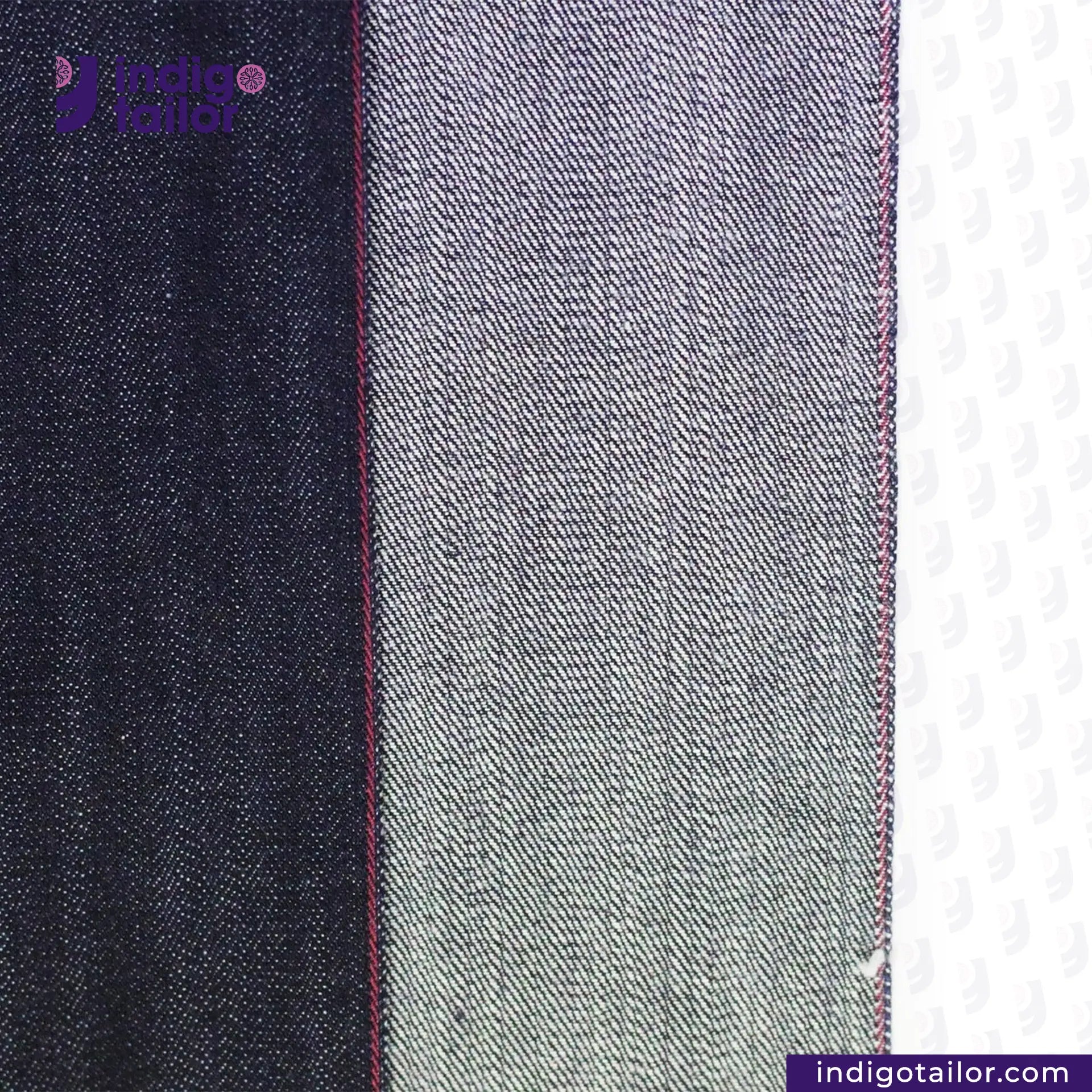 Close-up of TROPIC -CITY- DENIM fabric with a visible brand logo on a white background