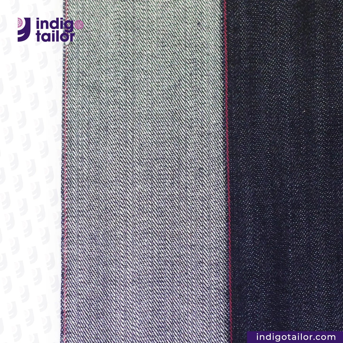 Two strips of TROPIC CITY DENIM fabric, one gray and one dark blue, with 'Indigotailor' branding.