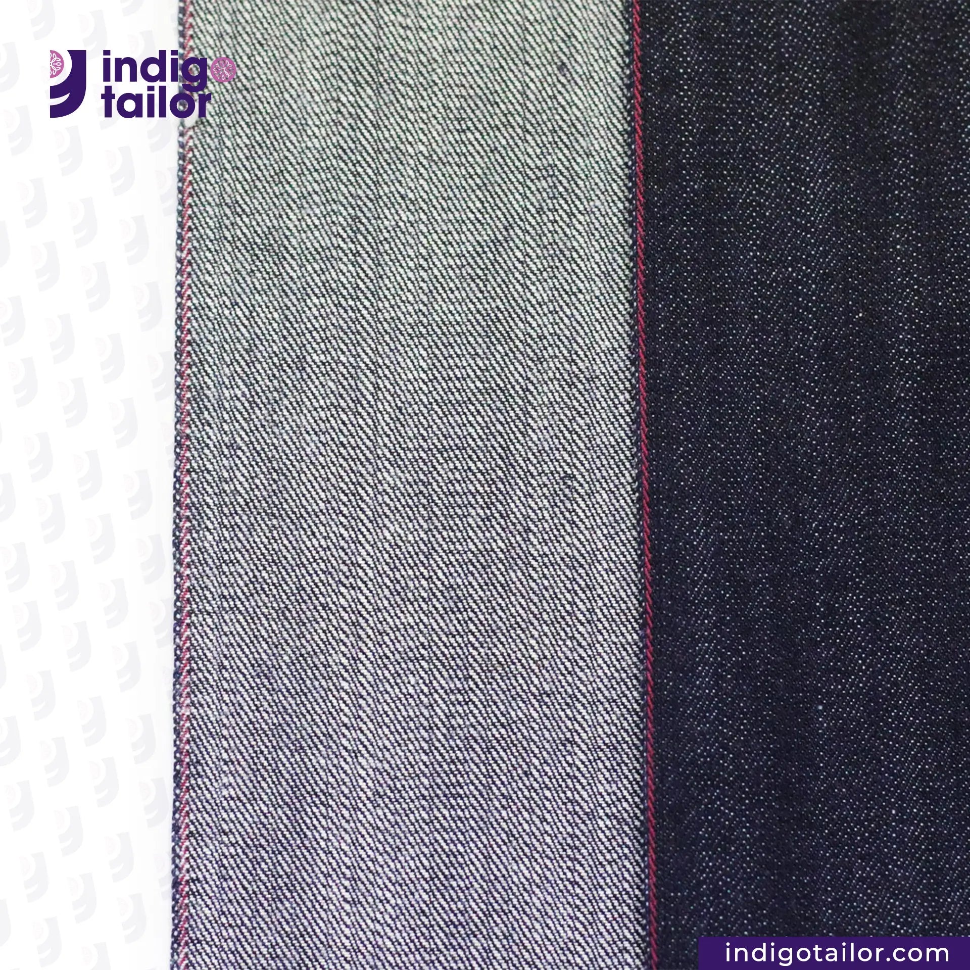 Two strips of TROPIC CITY DENIM fabric, one gray and one dark blue, with 'Indigotailor' branding.