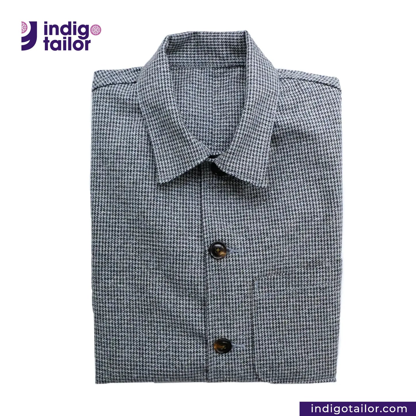 TWEED HOUNDSTOOTH COVERALL JACKET with 'Indigo Tailor' logo and website on a white background