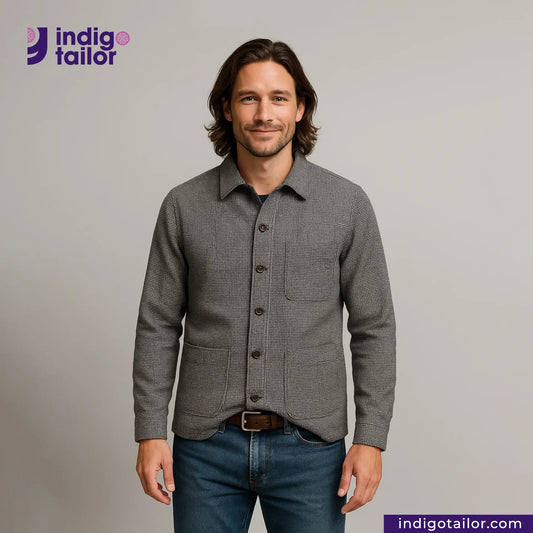 Man wearing a TWEED HOUNDSTOOTH COVERALL JACKET shirt with buttons on a plain background, featuring the Indigotailor logo.