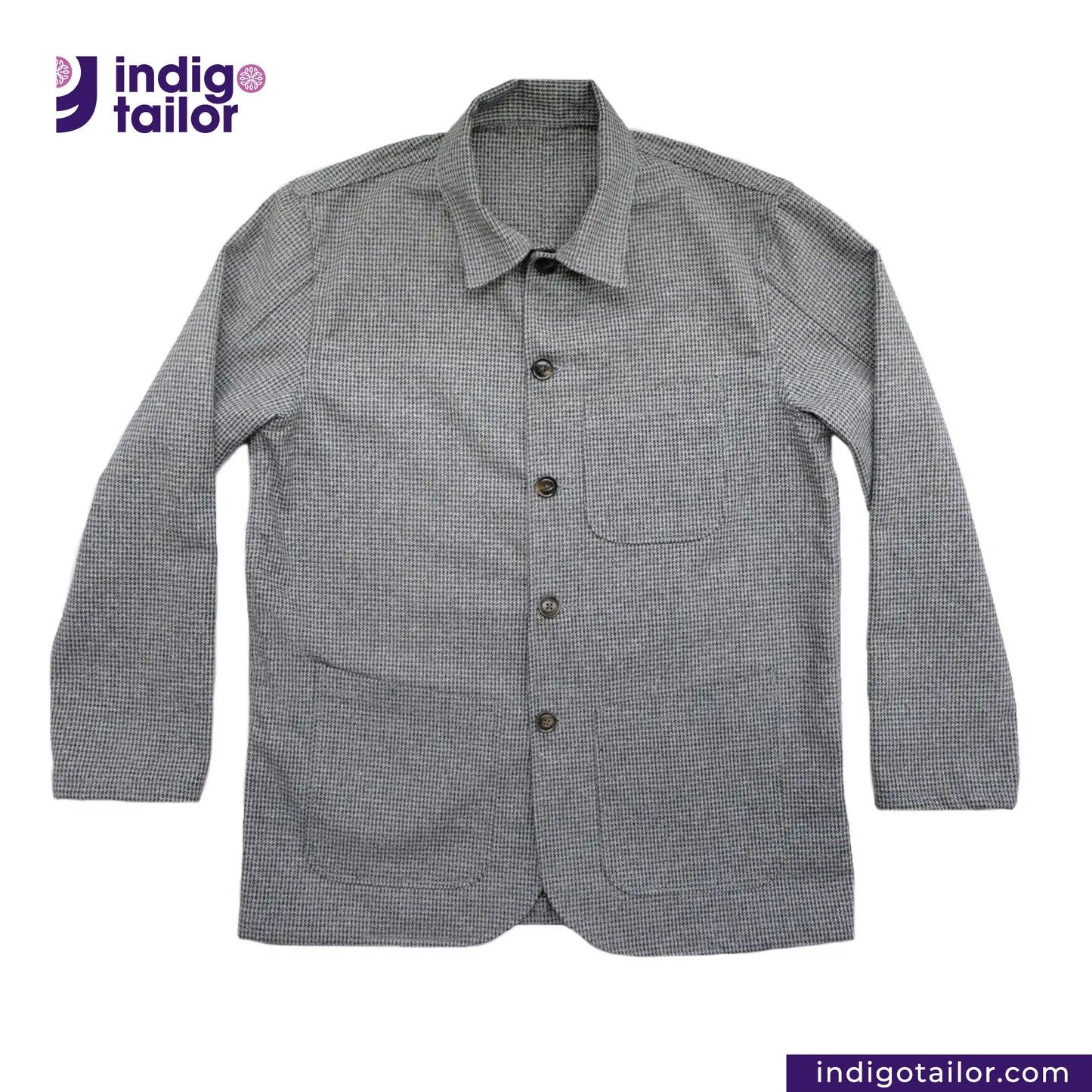 TWEED HOUNDSTOOTH COVERALL JACKET shirt with buttons on a white background, featuring the Indigotailor logo.