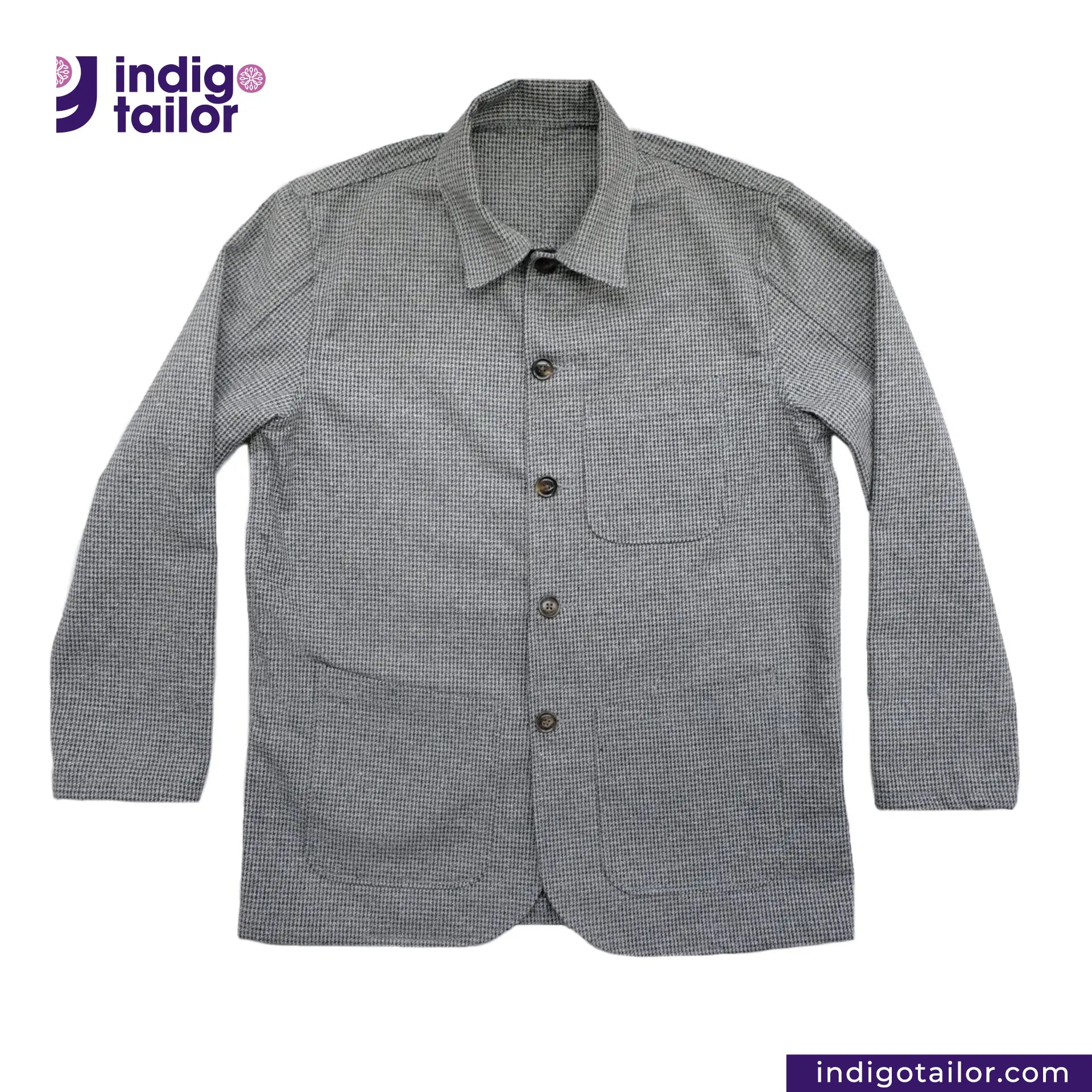 TWEED HOUNDSTOOTH COVERALL JACKET shirt with buttons on a white background, featuring the Indigotailor logo.