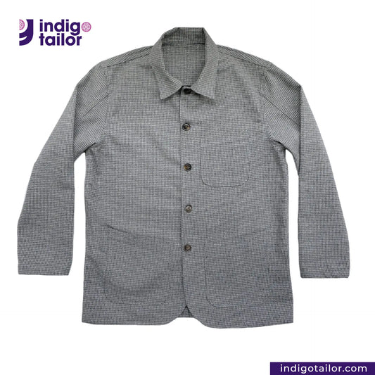 TWEED HOUNDSTOOTH COVERALL JACKET shirt with buttons on a white background, featuring the Indigotailor logo.