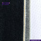 Close-up of TWO TONE SELVEDGE PAPER WEIGHT DENIM fabric with a visible brand logo and website.