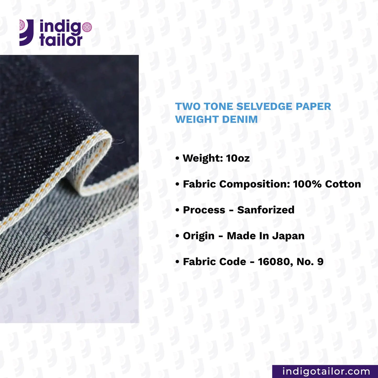 Two-tone selvedge denim fabric with product details on a white background
