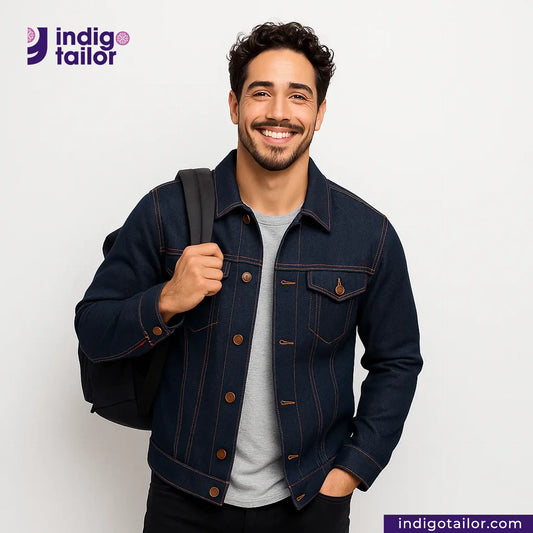 Man wearing a TWO TONE STRETCH SELVEDGE DENIM jacket with an Indigo Tailor logo above him on a white background