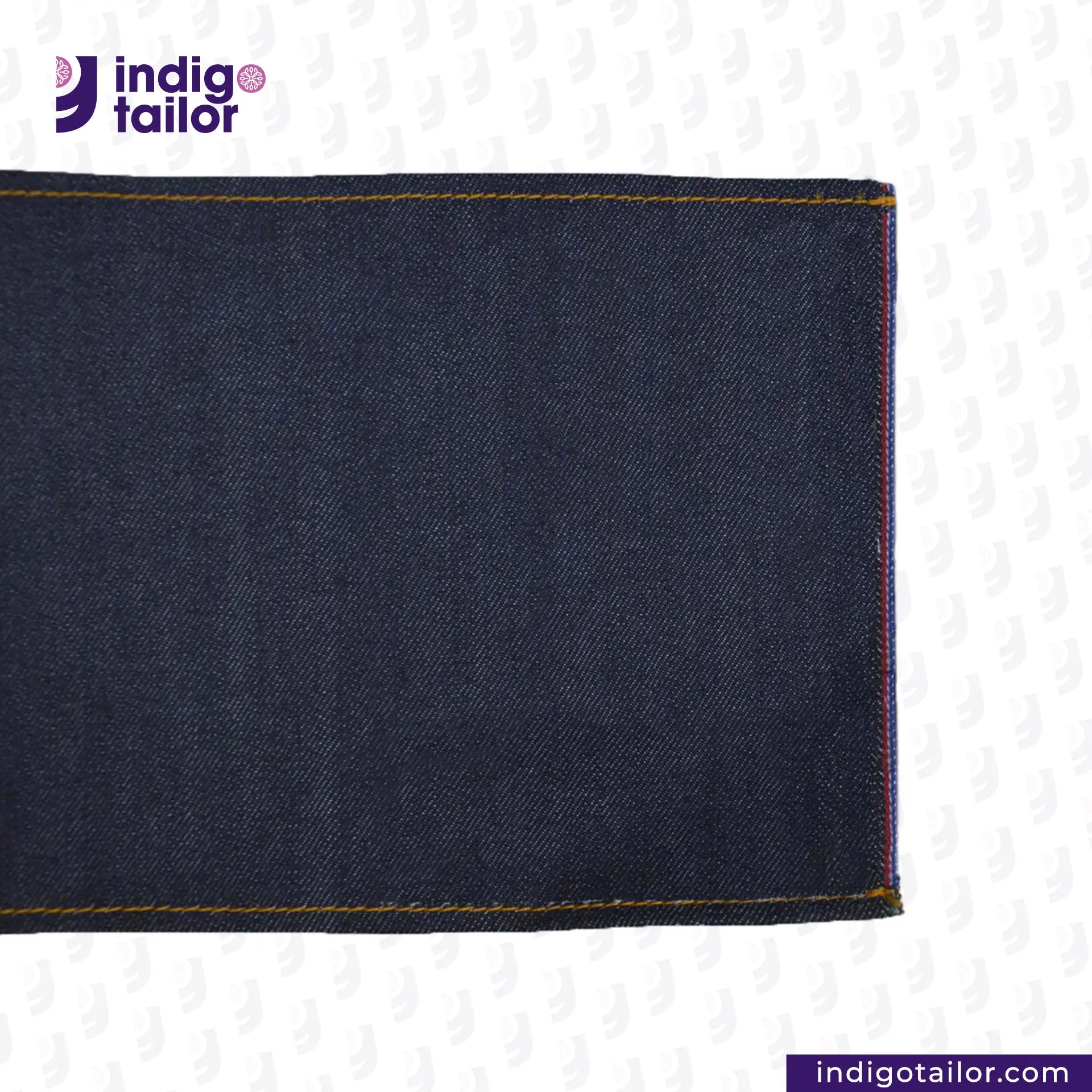 TWO TONE STRETCH SELVEDGE DENIM fabric with visible stitching on a white background, featuring the Indigotailor logo.