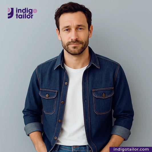 Man wearing a TWO TONE STRETCH SELVEDGE DENIM jacket over a white shirt with 'indigotailor' branding.