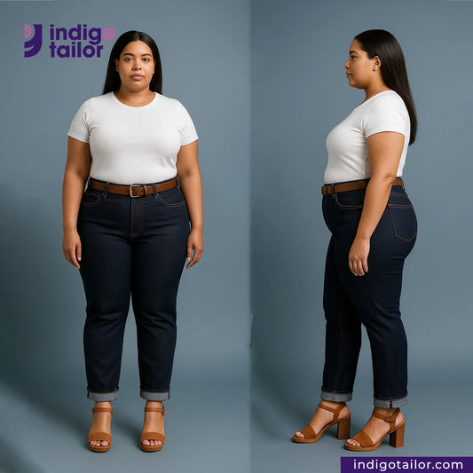 Woman wearing a white t-shirt and TWO TONE STRETCH SELVEDGE DENIM jeans with brown shoes, standing against a gray background. Indig Tailor logo visible.