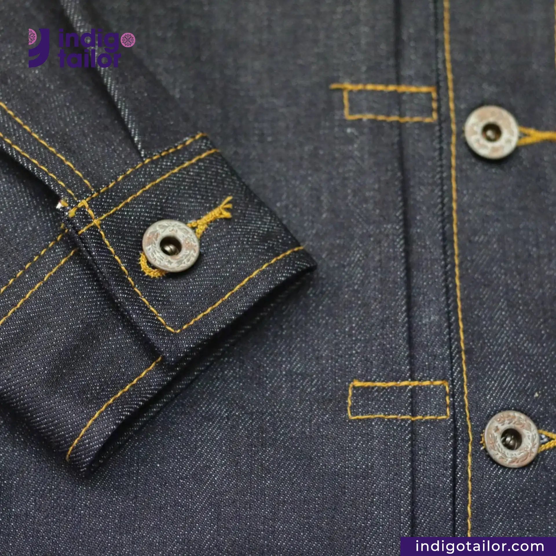 Close-up of TYPE 1 JACKET with button details, featuring 'Indigo Tailor' branding.