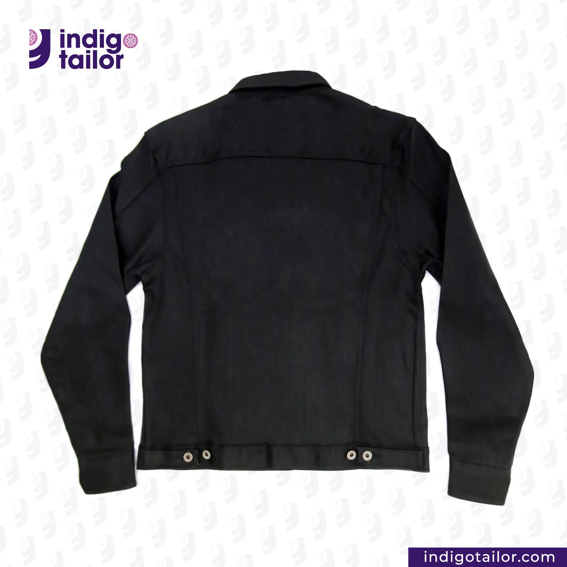 TYPE III DOUBLE BLACK TRUCKER JACKET on a light gray background with 'Indigotailor' branding.