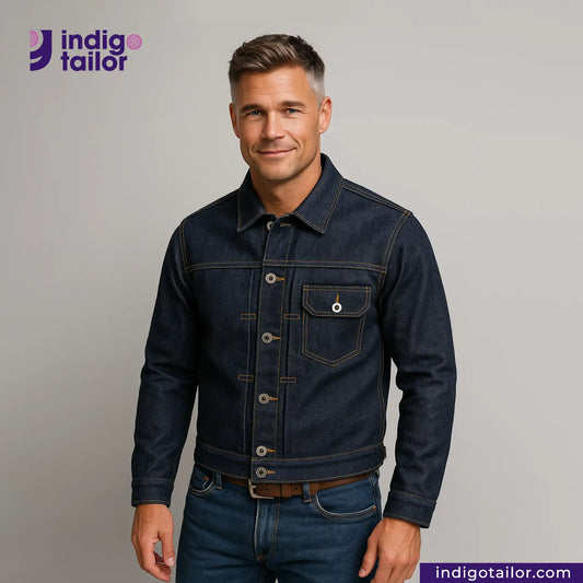 Man wearing a TYPE 1 JACKET with 'Indigo Tailor' logo above.