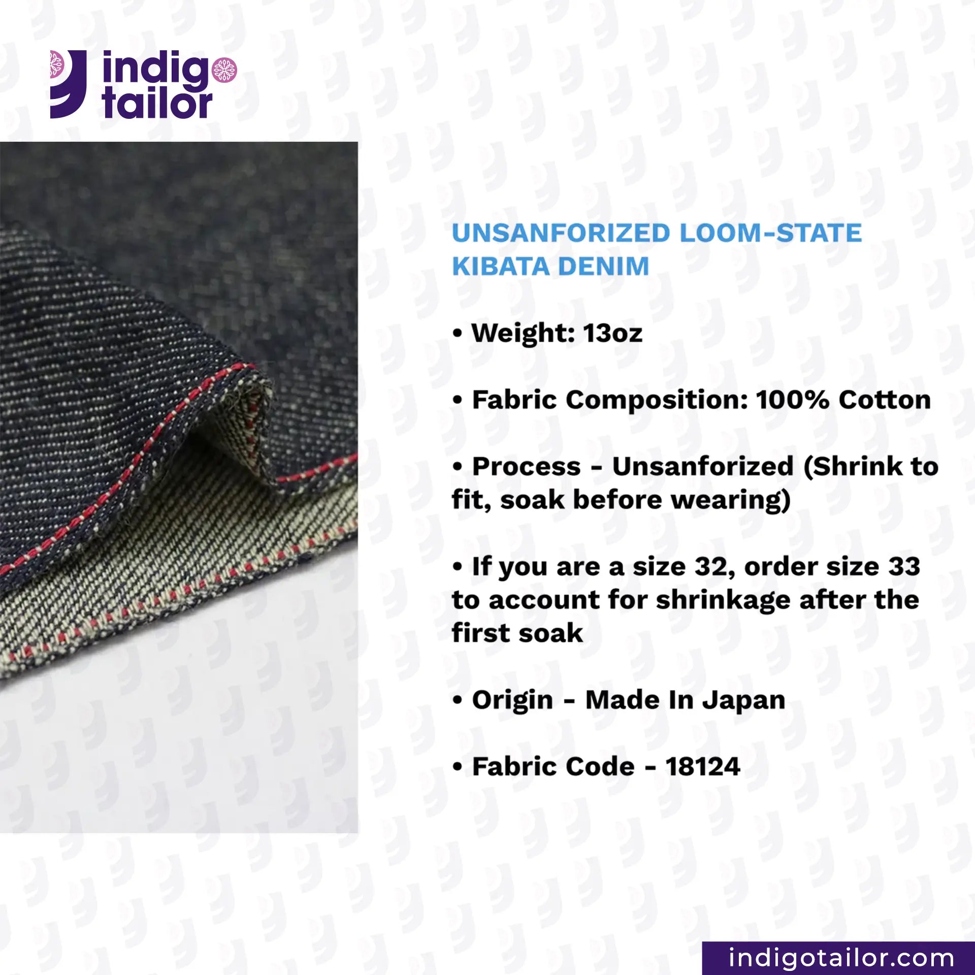 UNSANFORIZED LOOM-STATE KIBATA DENIM fabric with product details on a white background