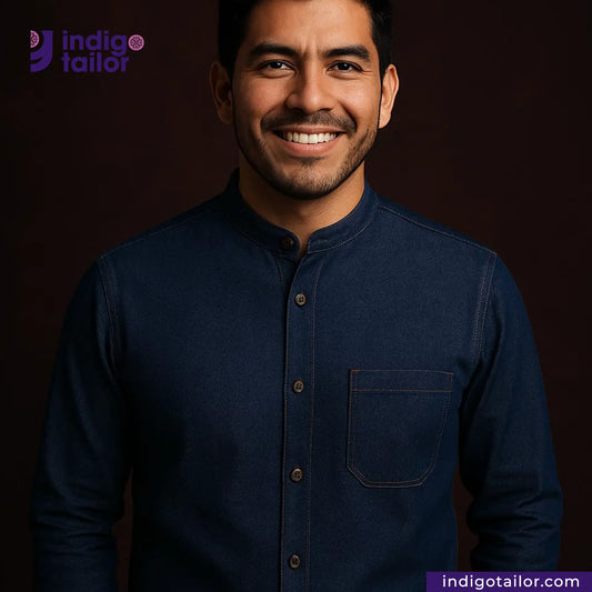 Man wearing a VINTAGE BLUE SELVEDGE DENIM shirt with Indigotailor logo and website on a dark background