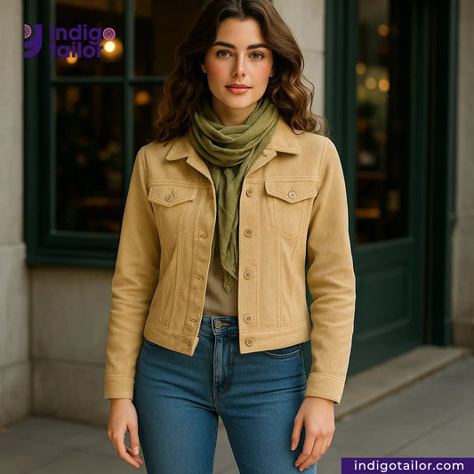 Woman wearing a VINTAGE CORD jacket and green scarf standing in front of a building with 'Indigotailor' branding.