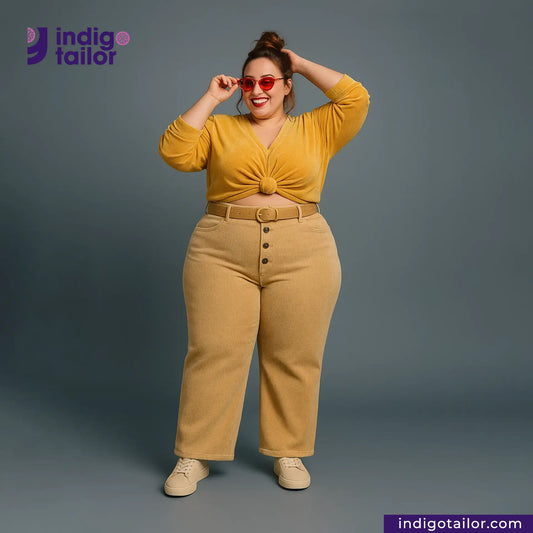 Woman wearing a yellow top and VINTAGE CORDUROY pants with sunglasses, standing against a gray background with 'Indigotailor' branding.