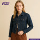 Woman wearing a VINTAGE SLUB DENIM jacket with Indigotailor logo and website on beige background