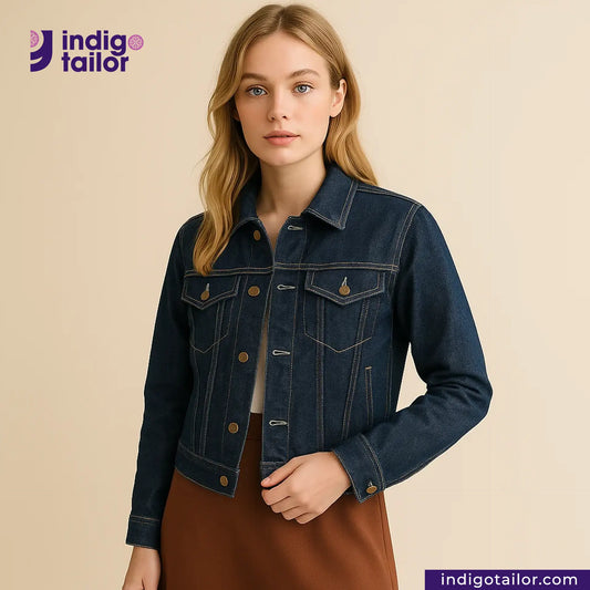 Woman wearing a VINTAGE SLUB DENIM jacket with Indigotailor logo and website on beige background