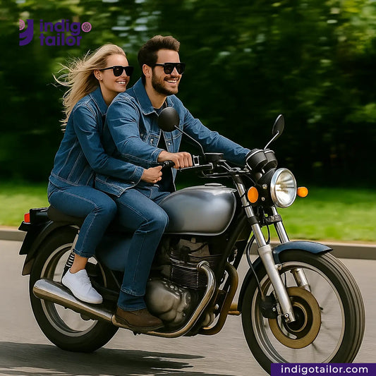 Two people riding a motorcycle on a road with greenery in the background, featuring the brand 'Indigotailor'. wearing VINTAGE SLUB DENIM outfits