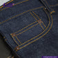 Close-up of VINTAGE SLUB DENIM jeans pocket area with yellow stitching, featuring 'Indigo Tailor' branding.