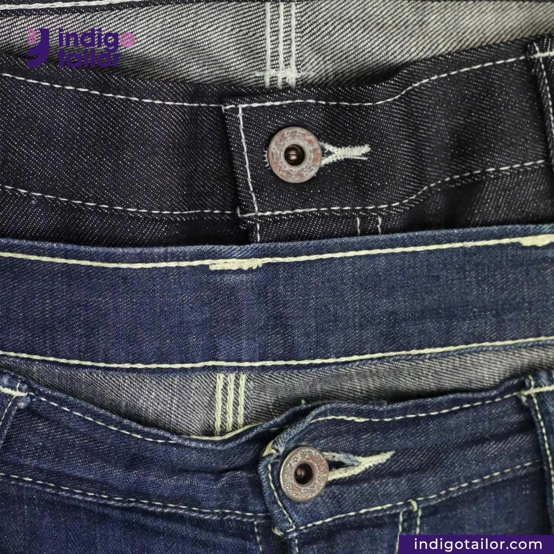 Close-up of Vintage Workwear Jeans fabric with stitching details, featuring 'Indigo Tailor' branding.
