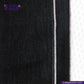 Close-up of WASHED BLACK x BLACK SELVEDGE DENIM fabric with a visible brand logo and website text.