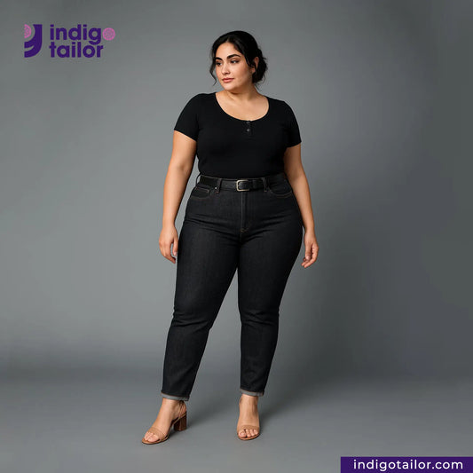 Woman wearing WASHED BLACK x BLACK SELVEDGE DENIM jeans and a black top on a gray background with 'Indigotailor' branding.