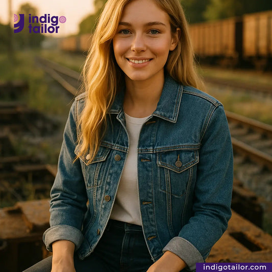Woman wearing a WASHED VINTAGE SLUB SELVEDGE DENIM jacket sitting on train tracks with 'indigotailor' branding.