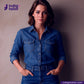 Woman wearing a WASHED VINTAGE SLUB SELVEDGE DENIM outfit with 'Indigo Tailor' branding.