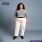 Craft Your Own Jeans, Person wearing a white denim Jeans with 'indigotailor' branding on a gray background. WHITE DENIM BLACK SELVEDGE