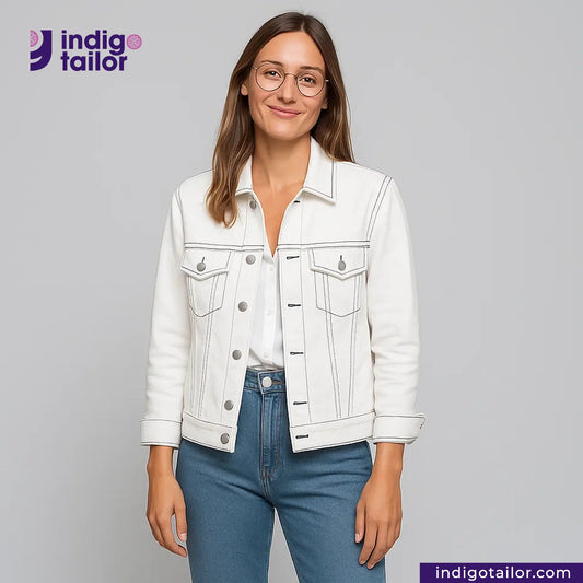 Woman wearing a WHITE DENIM BLACK SELVEDGE jacket and blue jeans with 'Indigotailor' branding.
