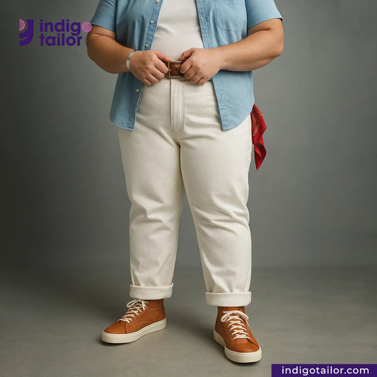 Person wearing a blue shirt, WHITE DENIM DOTTED RED SELVEDGE pants, and brown shoes on a gray background with 'Indigotailor' branding.