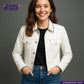 Woman wearing a WHITE DENIM NAVY SELVEDGE jacket over a black shirt with 'Indigotailor' branding.