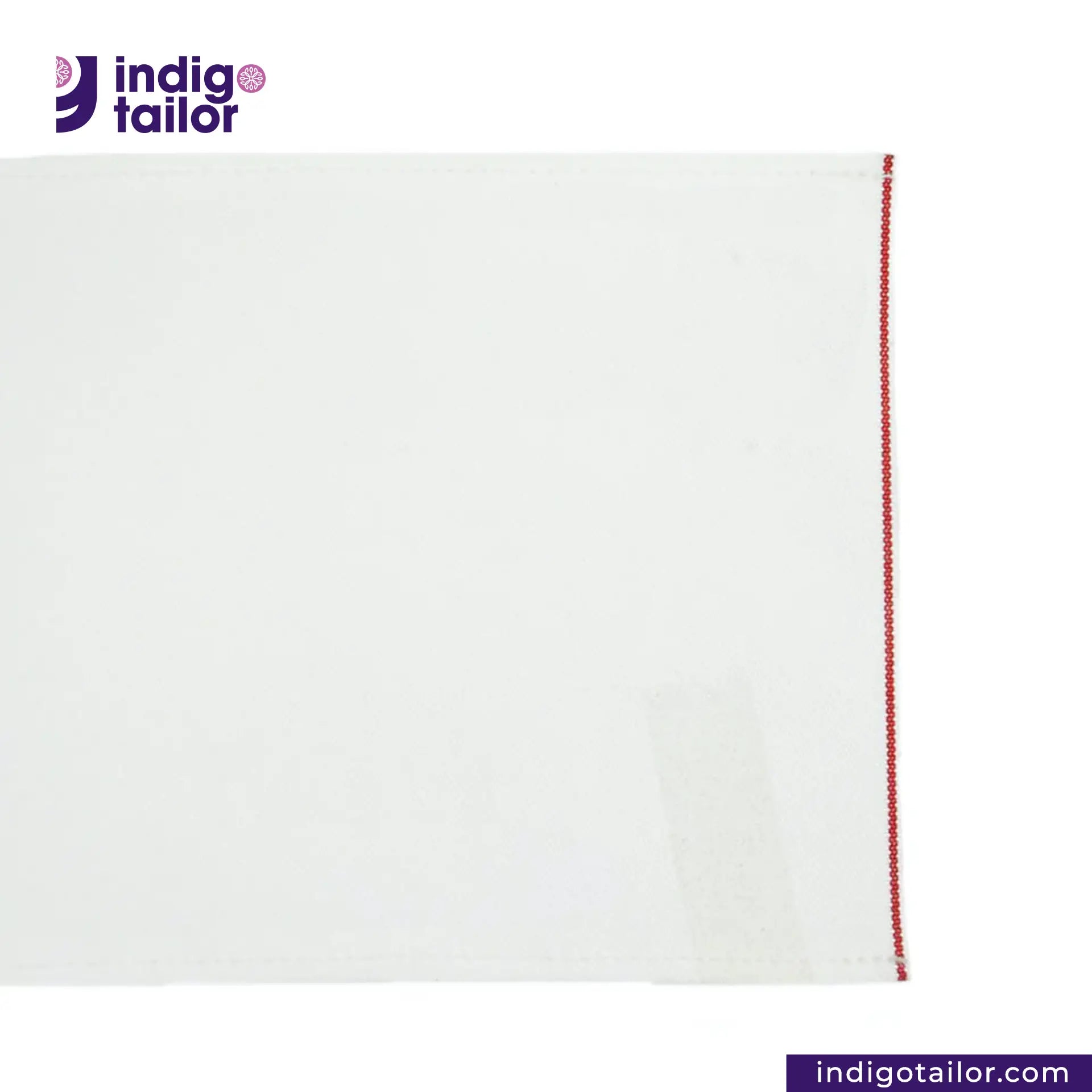 WHITE DENIM RED SELVEDGE fabric on a white background, featuring the Indigotailor logo.