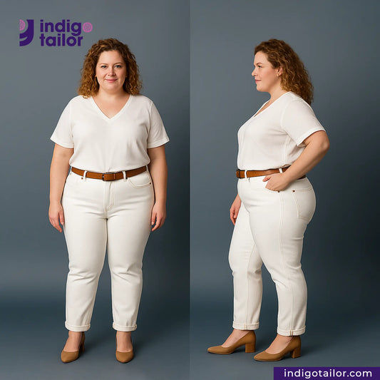Woman wearing WHITE DENIM RED SELVEDGE and a white shirt with a brown belt, standing against a gray background. Indigotailor logo and website visible.