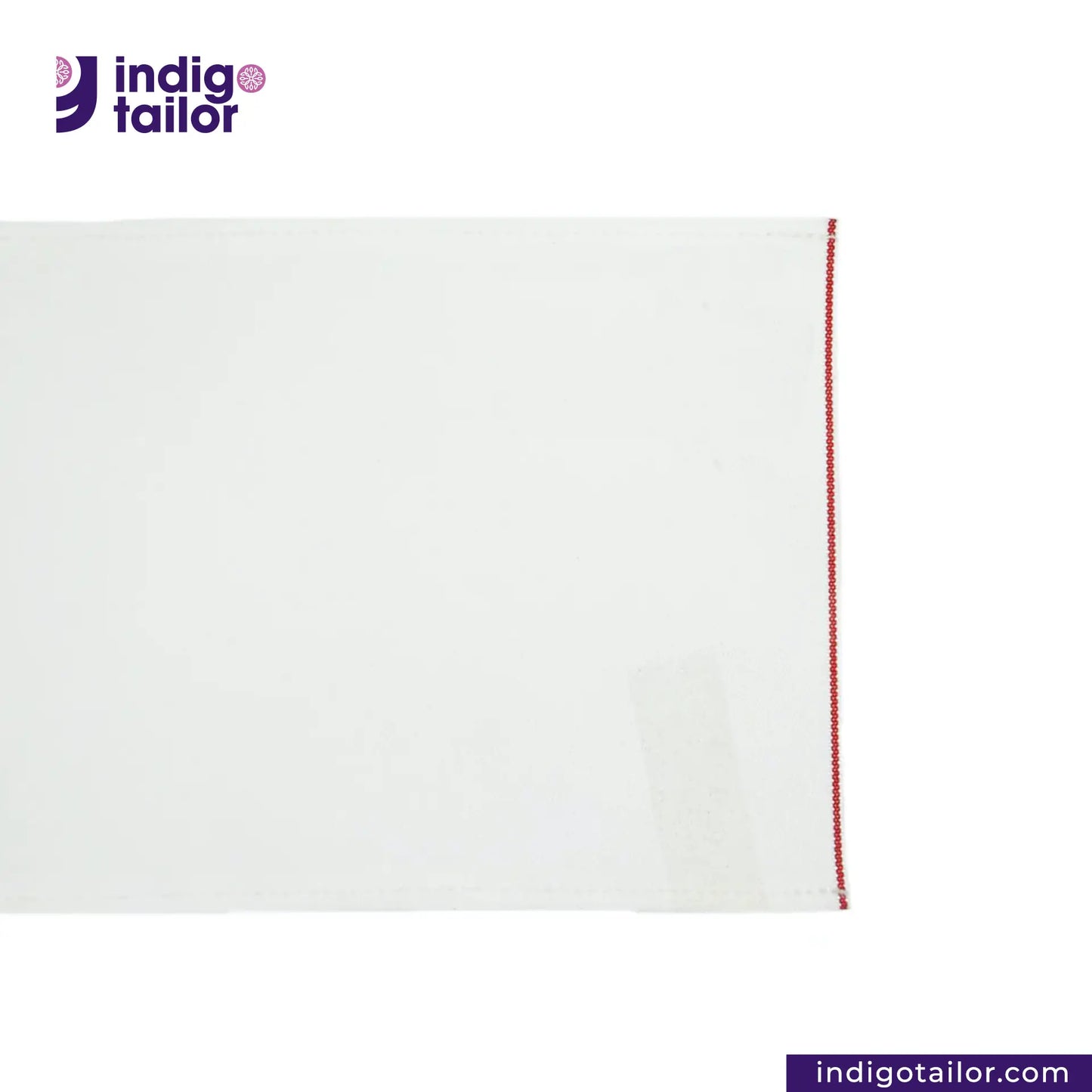 WHITE DENIM RED SELVEDGE with red stitching on a white background, featuring the Indigotailor logo.