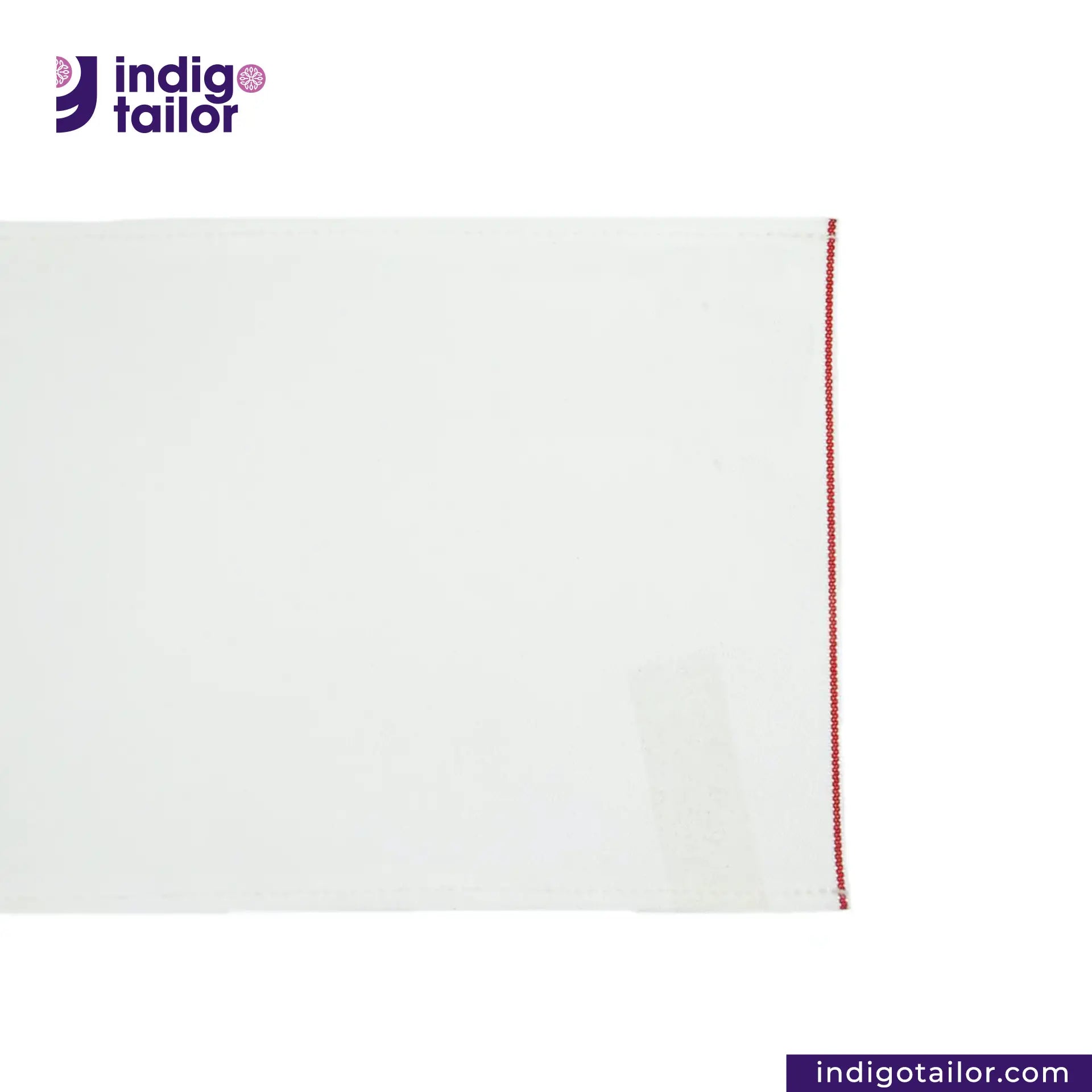 WHITE DENIM RED SELVEDGE with red stitching on a white background, featuring the Indigotailor logo.