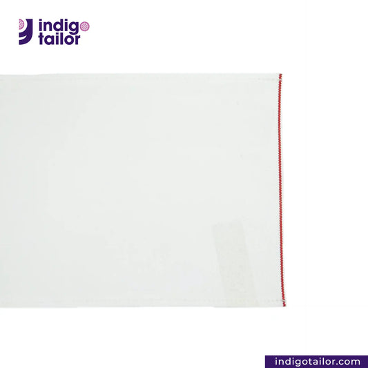 WHITE DENIM RED SELVEDGE with red stitching on a white background, featuring the Indigotailor logo.