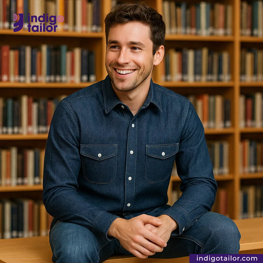 Man sitting in front of a bookshelf wearing a WILD INDIGO denim shirt with 'Indigotailor' branding.