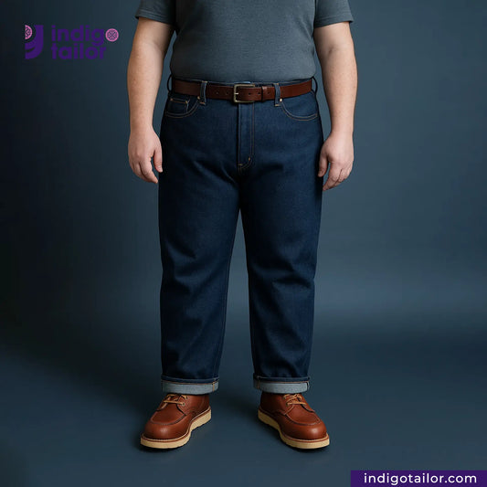 Person wearing WILD INDIGO jeans and brown shoes on a dark background with 'Indigo Tailor' branding.