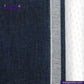 Close-up of WILD INDIGO denim fabric with a brand logo and website text.